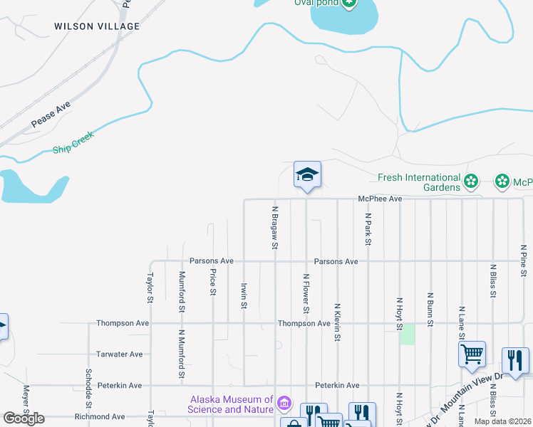 map of restaurants, bars, coffee shops, grocery stores, and more near 835 Irwin Street in Anchorage