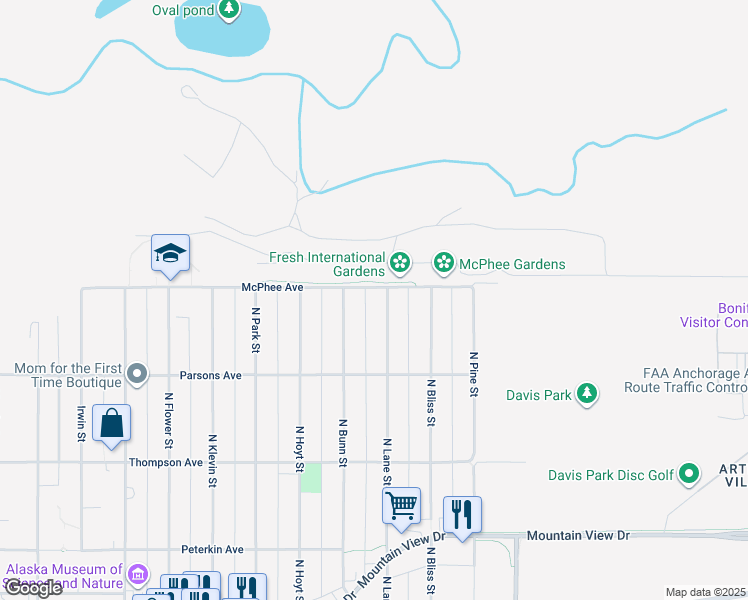 map of restaurants, bars, coffee shops, grocery stores, and more near 834 North Lane Street in Anchorage