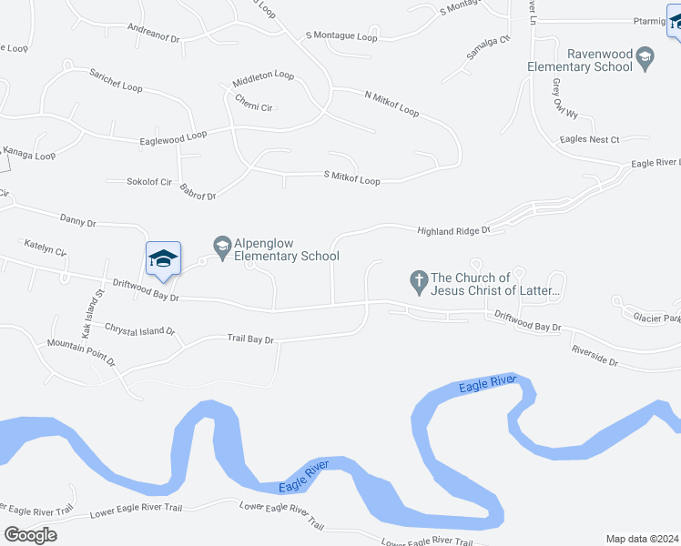 map of restaurants, bars, coffee shops, grocery stores, and more near 19430 Highland Ridge Drive in Anchorage