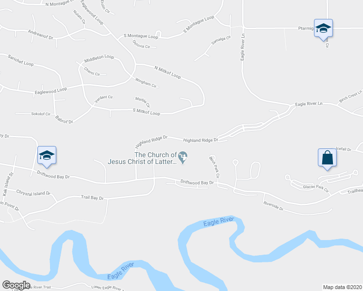 map of restaurants, bars, coffee shops, grocery stores, and more near 19706 Highland Ridge Drive in Anchorage