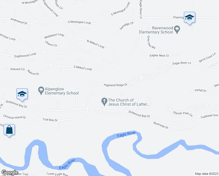 map of restaurants, bars, coffee shops, grocery stores, and more near 19730 Highland Ridge Drive in Anchorage