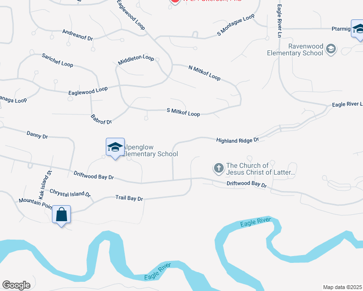 map of restaurants, bars, coffee shops, grocery stores, and more near 19532 Highland Ridge Dr in Anchorage