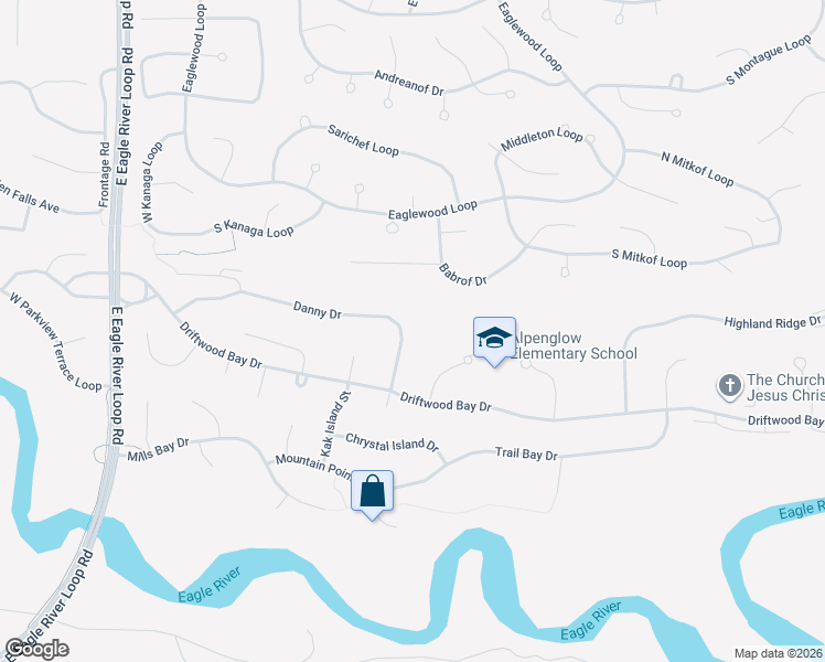 map of restaurants, bars, coffee shops, grocery stores, and more near 19045 Danny Drive in Anchorage