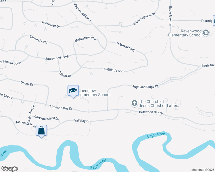 map of restaurants, bars, coffee shops, grocery stores, and more near 19532 Highland Ridge Drive in Anchorage