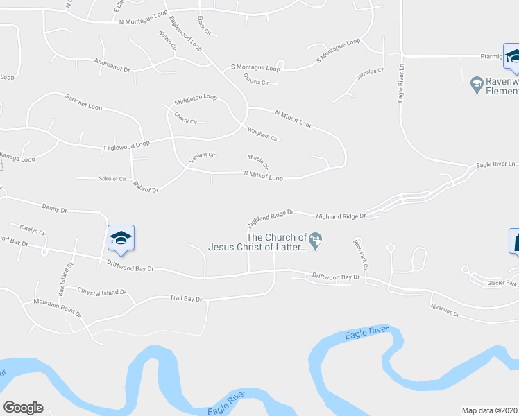 map of restaurants, bars, coffee shops, grocery stores, and more near 19545 Highland Ridge Drive in Anchorage