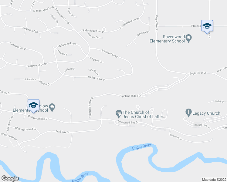 map of restaurants, bars, coffee shops, grocery stores, and more near 19647 Highland Ridge Drive in Anchorage