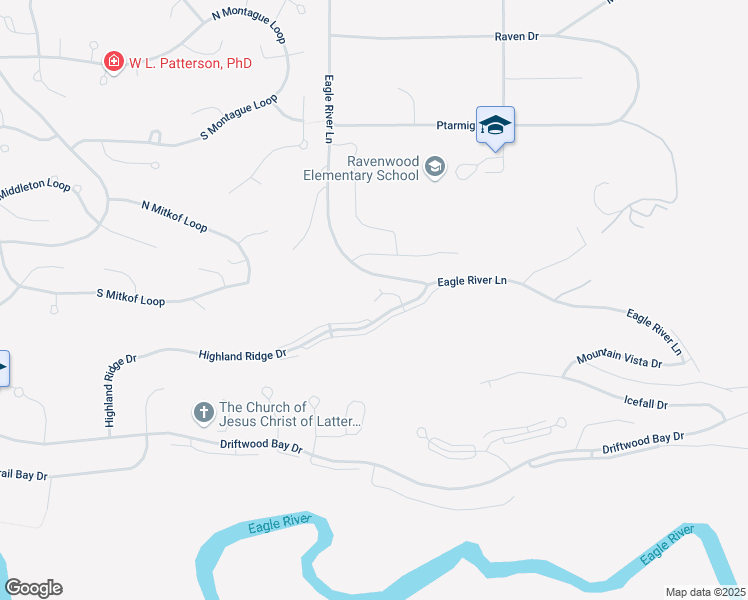 map of restaurants, bars, coffee shops, grocery stores, and more near 20113 Highland Ridge Drive in Anchorage
