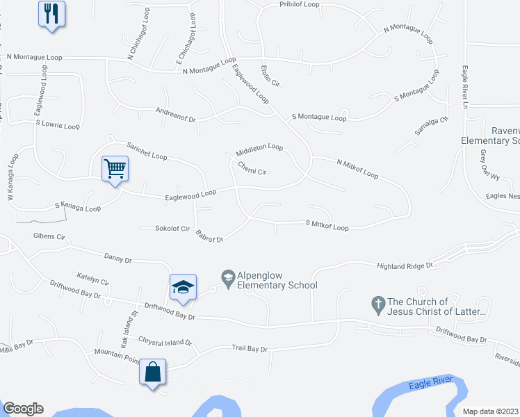 map of restaurants, bars, coffee shops, grocery stores, and more near 19310 Verdant Circle in Anchorage