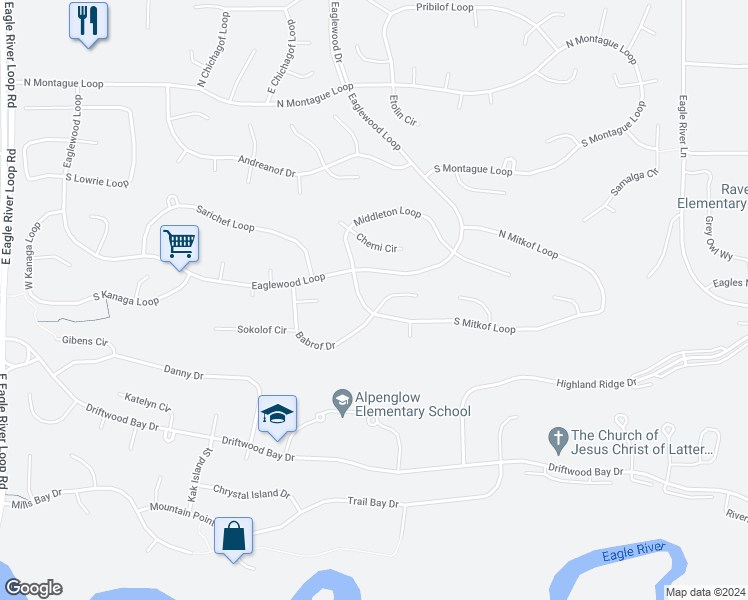 map of restaurants, bars, coffee shops, grocery stores, and more near 19301 Verdant Circle in Anchorage