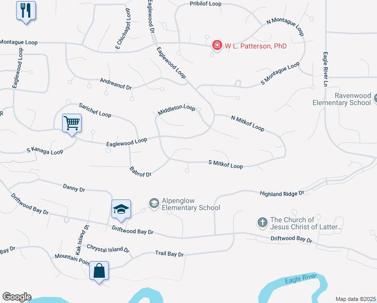 map of restaurants, bars, coffee shops, grocery stores, and more near 19340 Verdant Circle in Anchorage