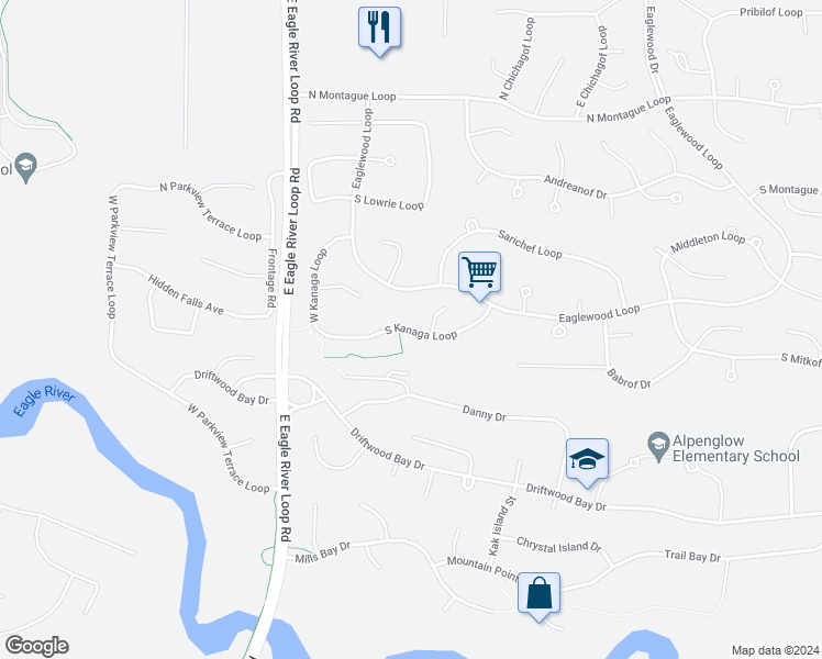 map of restaurants, bars, coffee shops, grocery stores, and more near 18701 South Kanaga Loop in Anchorage