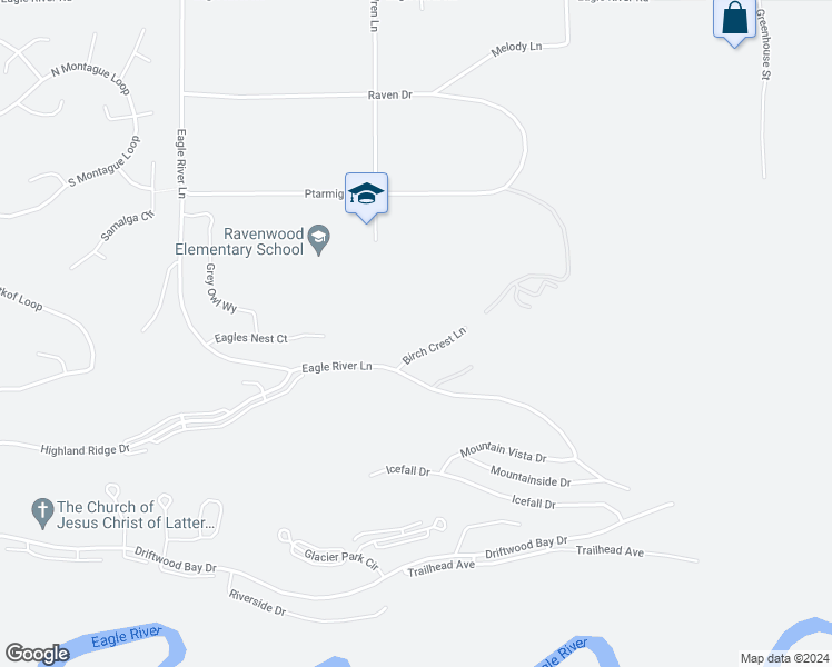 map of restaurants, bars, coffee shops, grocery stores, and more near 20503 Birch Crest Lane in Anchorage