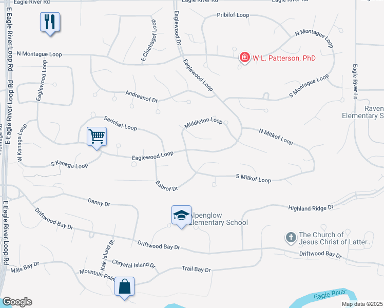 map of restaurants, bars, coffee shops, grocery stores, and more near 19211 South Mitkof Loop in Anchorage
