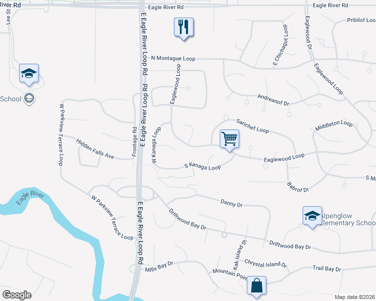 map of restaurants, bars, coffee shops, grocery stores, and more near 18636 Eaglewood Loop in Anchorage