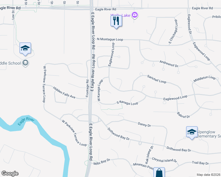 map of restaurants, bars, coffee shops, grocery stores, and more near 18535 Walrus Circle in Anchorage