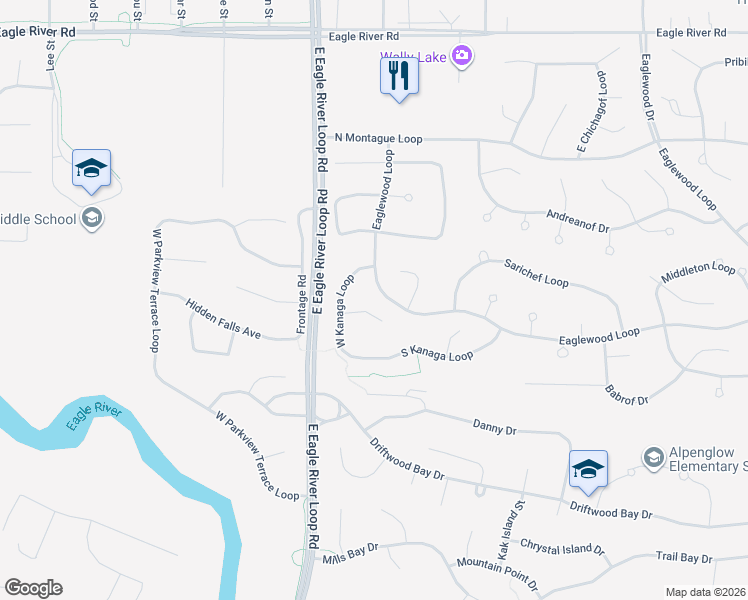 map of restaurants, bars, coffee shops, grocery stores, and more near 18535 Walrus Circle in Anchorage