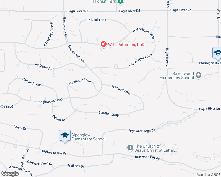 map of restaurants, bars, coffee shops, grocery stores, and more near 19511 Wingham Circle in Anchorage