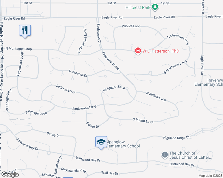 map of restaurants, bars, coffee shops, grocery stores, and more near 19274 Middleton Loop in Anchorage