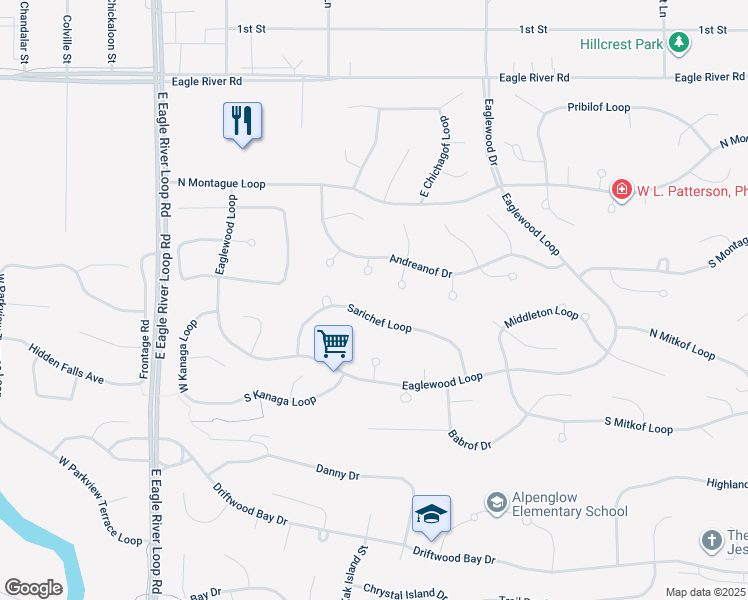 map of restaurants, bars, coffee shops, grocery stores, and more near 9516 Dundas Circle in Anchorage