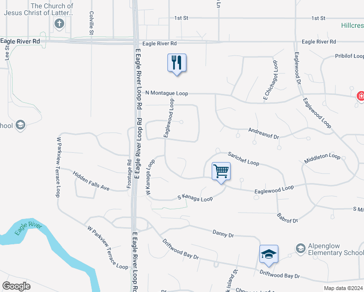 map of restaurants, bars, coffee shops, grocery stores, and more near 18630 South Lowrie Loop in Anchorage