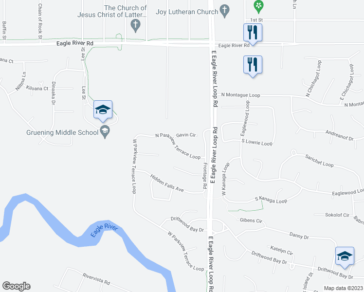 map of restaurants, bars, coffee shops, grocery stores, and more near 18245 North Parkview Terrace Loop in Anchorage