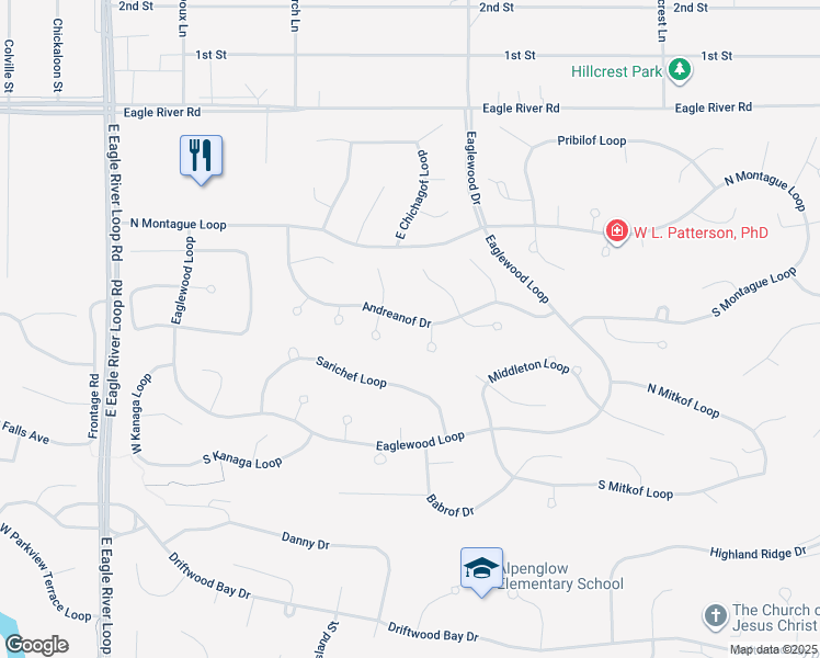 map of restaurants, bars, coffee shops, grocery stores, and more near 19044 Andreanof Drive in Anchorage