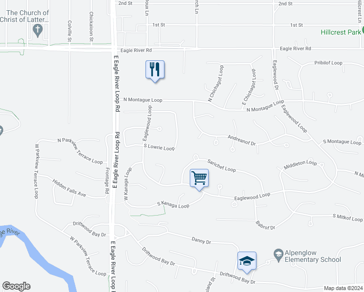 map of restaurants, bars, coffee shops, grocery stores, and more near 18756 South Lowrie Loop in Anchorage