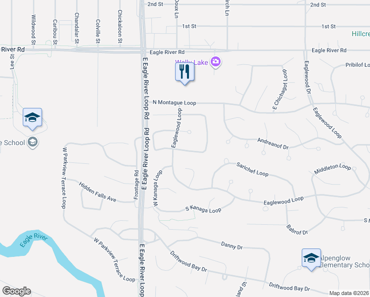 map of restaurants, bars, coffee shops, grocery stores, and more near 18629 South Lowrie Loop in Anchorage