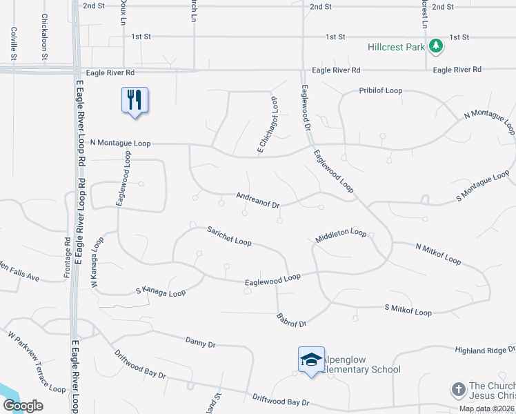 map of restaurants, bars, coffee shops, grocery stores, and more near 19044 Andreanof Drive in Anchorage