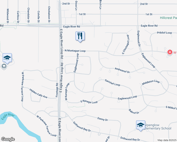 map of restaurants, bars, coffee shops, grocery stores, and more near 18703 South Lowrie Loop in Eagle River
