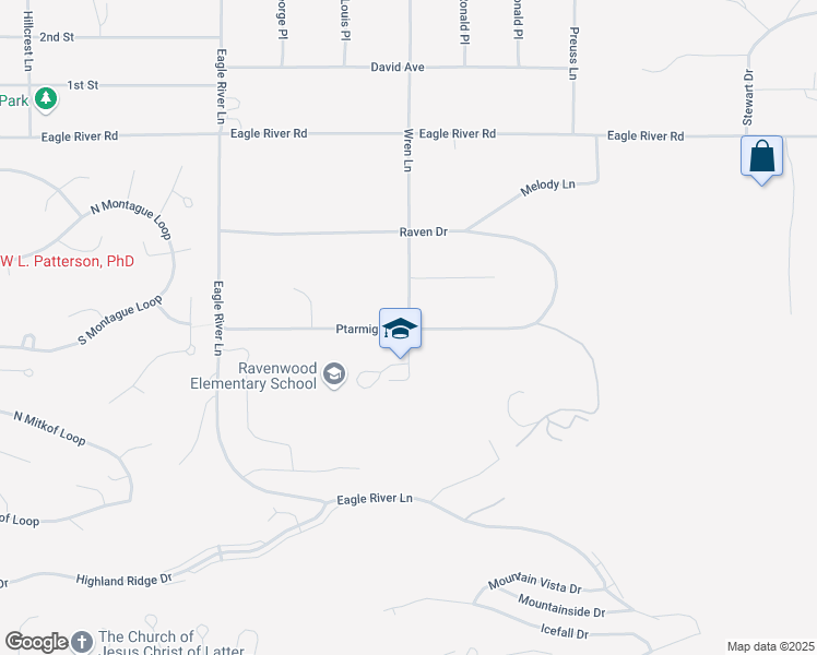 map of restaurants, bars, coffee shops, grocery stores, and more near 9500 Wren Lane in Anchorage