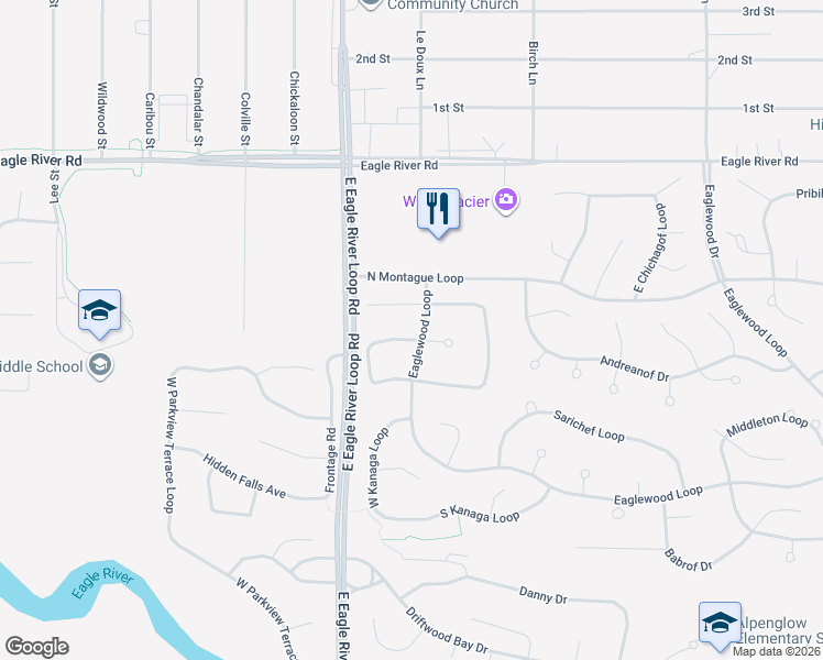 map of restaurants, bars, coffee shops, grocery stores, and more near 18543 Chekok Circle in Anchorage