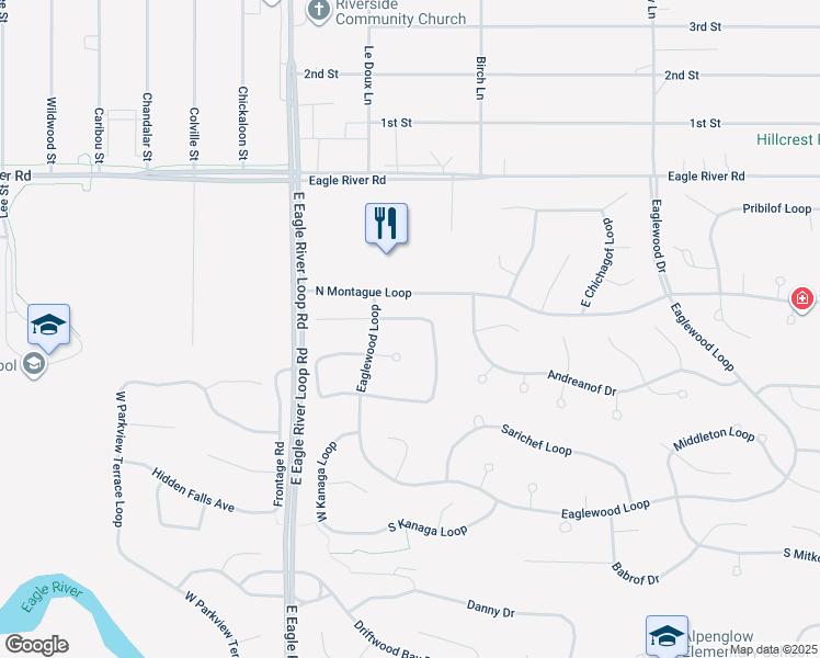 map of restaurants, bars, coffee shops, grocery stores, and more near 18644 North Lowrie Loop in Anchorage