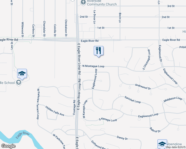 map of restaurants, bars, coffee shops, grocery stores, and more near 18550 Chekok Circle in Anchorage