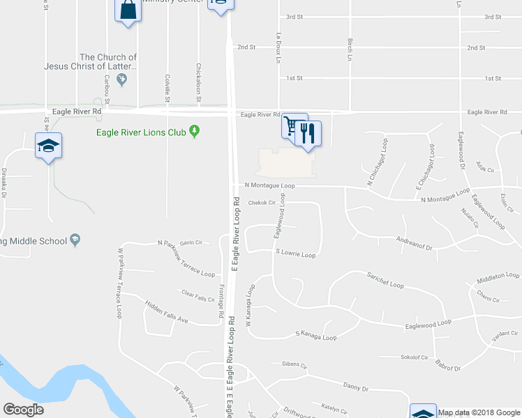 map of restaurants, bars, coffee shops, grocery stores, and more near 18532 Chekok Circle in Anchorage