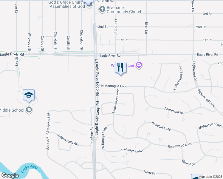 map of restaurants, bars, coffee shops, grocery stores, and more near 18543 Chekok Circle in Anchorage