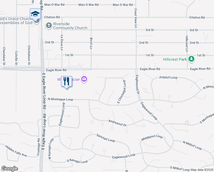 map of restaurants, bars, coffee shops, grocery stores, and more near 18910 North Chichagof Loop in Anchorage