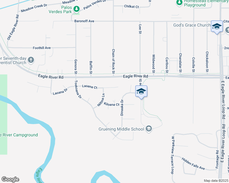 map of restaurants, bars, coffee shops, grocery stores, and more near 17538 Laoana Court in Anchorage