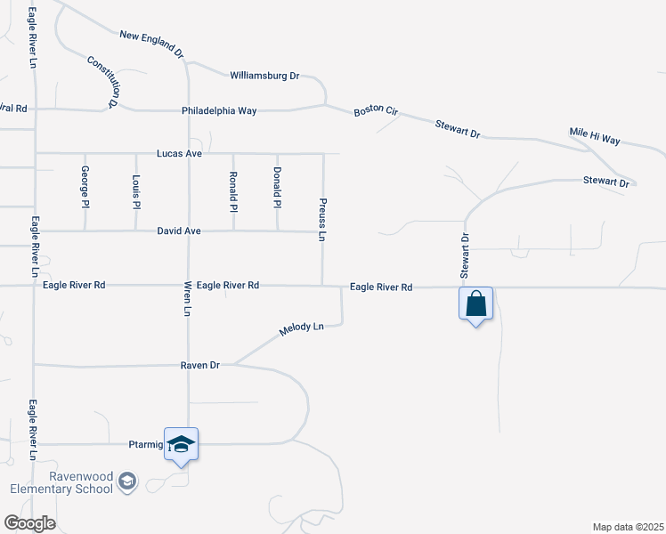 map of restaurants, bars, coffee shops, grocery stores, and more near 10023 Preuss Lane in Anchorage