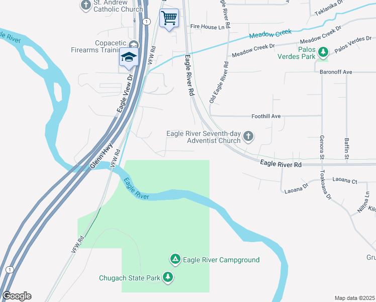 map of restaurants, bars, coffee shops, grocery stores, and more near 16604 River's Edge Lane in Anchorage