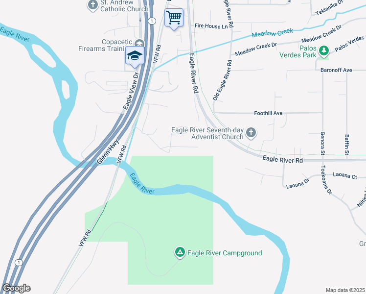 map of restaurants, bars, coffee shops, grocery stores, and more near 16604 River's Edge Lane in Anchorage