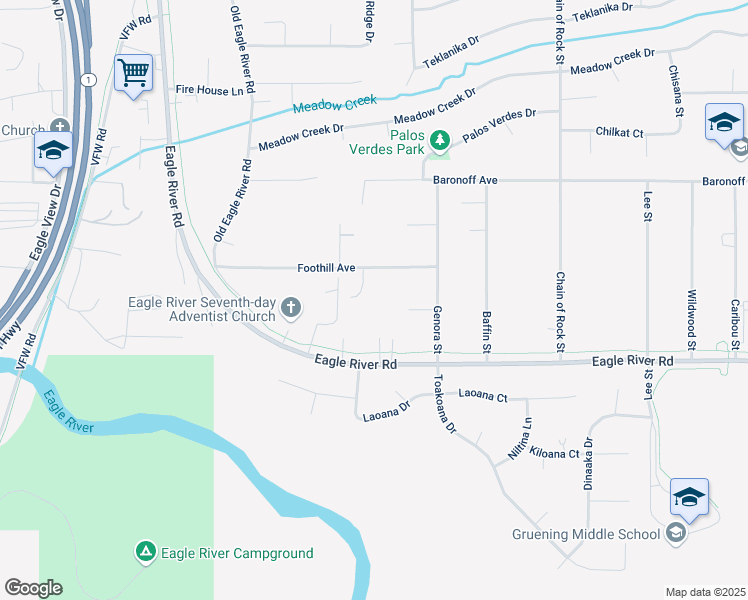 map of restaurants, bars, coffee shops, grocery stores, and more near 17142 Foothill Avenue in Anchorage