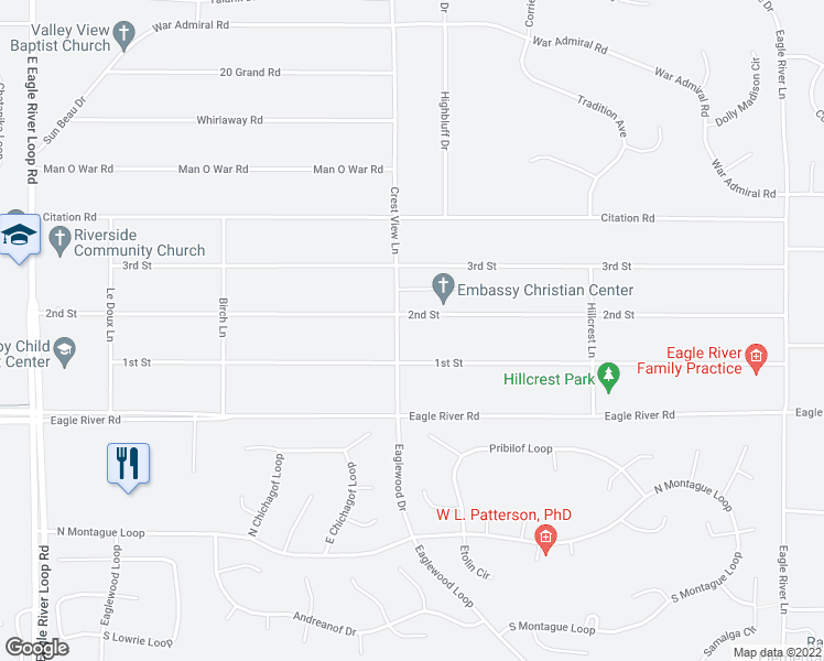 map of restaurants, bars, coffee shops, grocery stores, and more near 10127 Crest View Lane in Anchorage