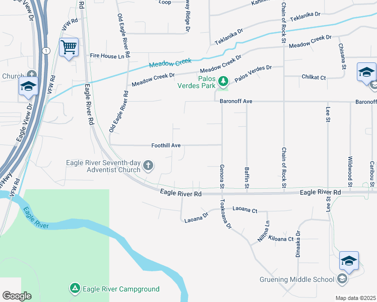 map of restaurants, bars, coffee shops, grocery stores, and more near 17142 Foothill Avenue in Anchorage