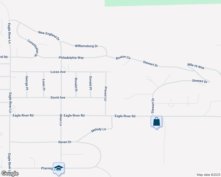map of restaurants, bars, coffee shops, grocery stores, and more near 10145 Preuss Lane in Anchorage