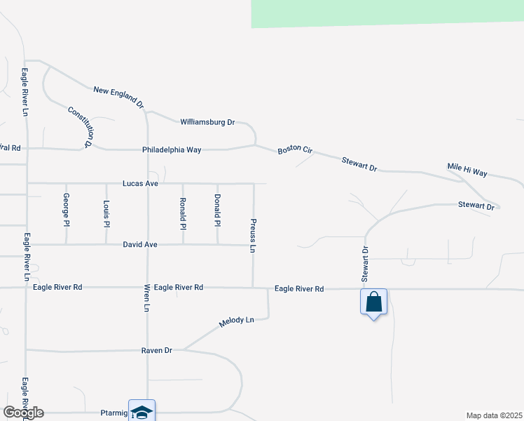 map of restaurants, bars, coffee shops, grocery stores, and more near 10145 Preuss Lane in Anchorage