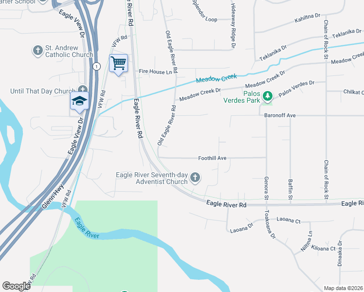 map of restaurants, bars, coffee shops, grocery stores, and more near 16924 Foothill Avenue in Anchorage