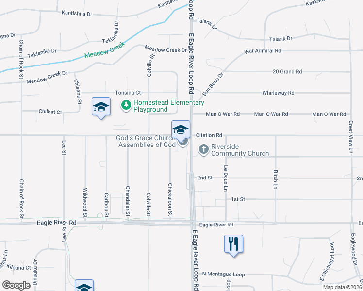 map of restaurants, bars, coffee shops, grocery stores, and more near 10336 East Eagle River Loop Road in Anchorage