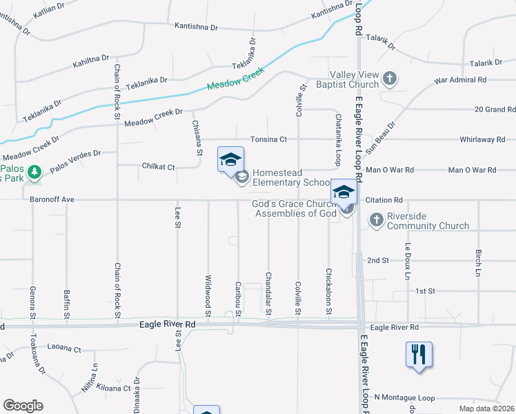 map of restaurants, bars, coffee shops, grocery stores, and more near 18032 Baronoff Avenue in Anchorage