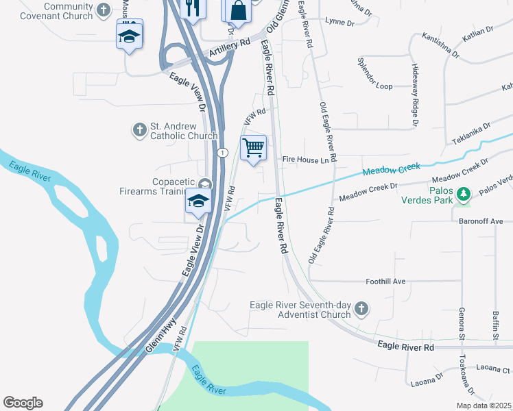 map of restaurants, bars, coffee shops, grocery stores, and more near 10421 Vfw Road in Anchorage